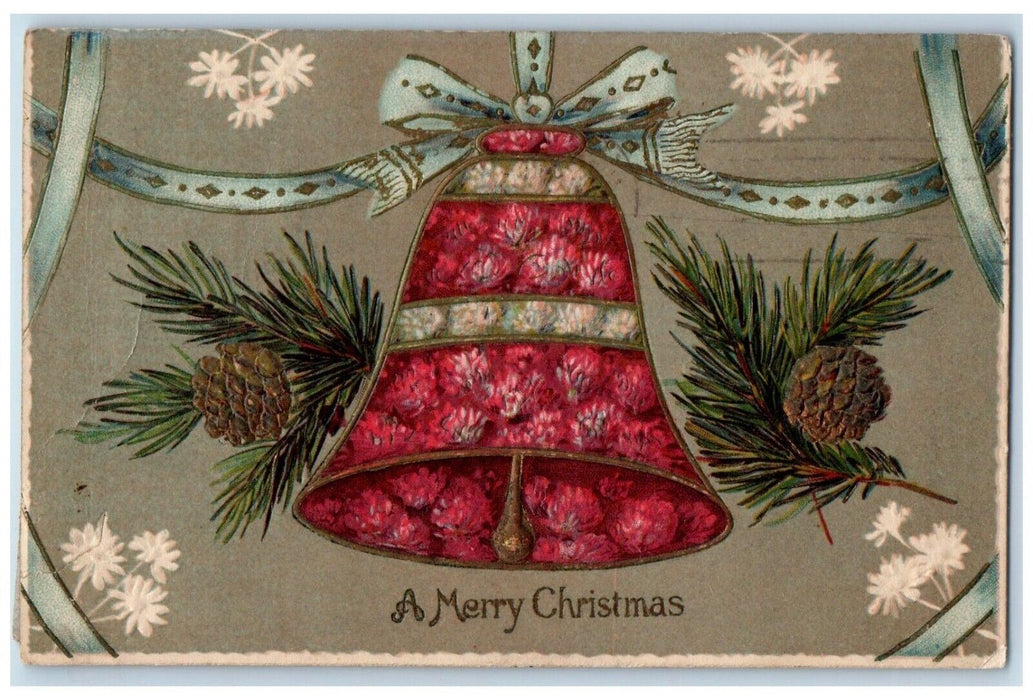 1907 Christmas Pine Cone Red Bell Flowers Ribbon Embossed Antique Postcard