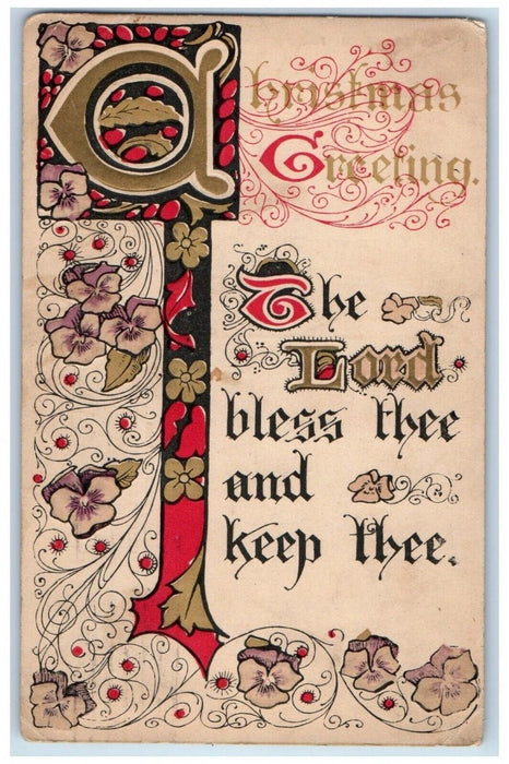 1914 Christmas Greetings Flowers Design Winsch Back Embossed Antique Postcard