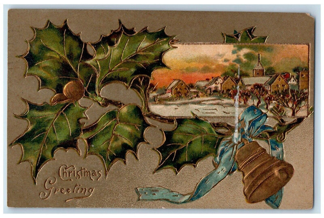 1909 Christmas Greetings Ivy Leaf Blue Ribbon Bell Embossed Antique Postcard
