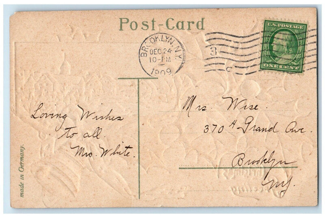1909 Christmas Greetings Ivy Leaf Blue Ribbon Bell Embossed Antique Postcard