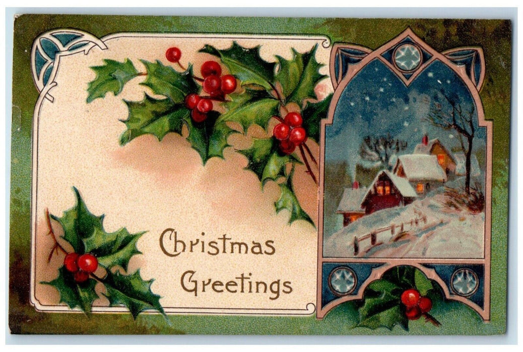 1909 Christmas Greetings Holly Berries Winter Snow Embossed Antique Postcard