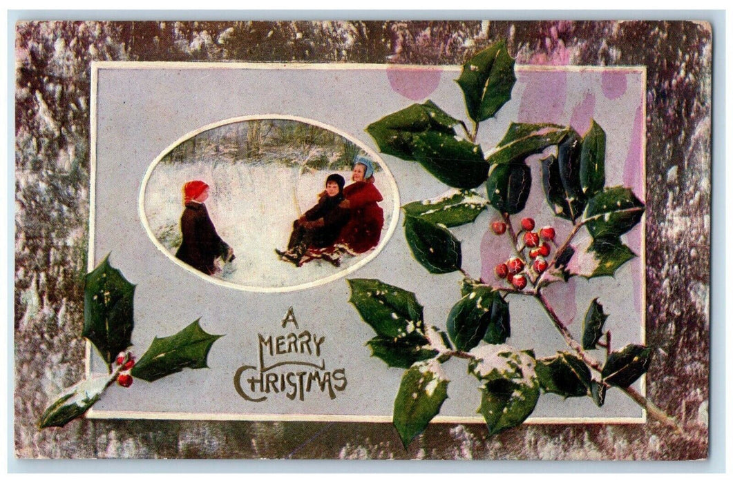 c1910's Christmas Holly Berries Grandma Sledding Embossed Antique Postcard