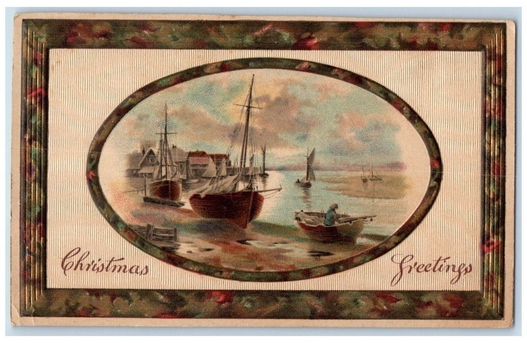c1910's Christmas Greetings Sail Boats Embossed Posted Antique Postcard