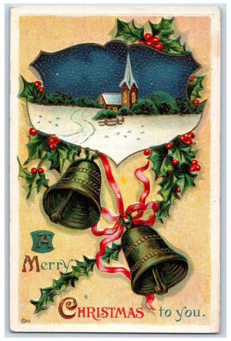 c1910's Christmas Holly Bells Scene Church Embossed Posted Antique Postcard