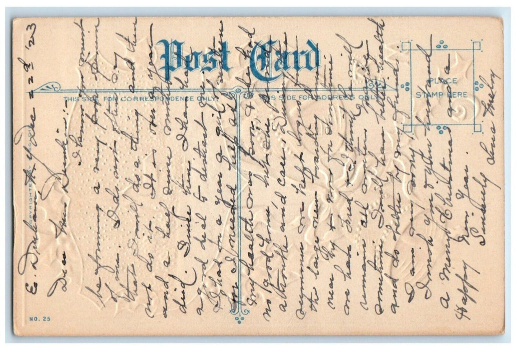 c1910's Christmas Holly Bells Scene Church Embossed Posted Antique Postcard