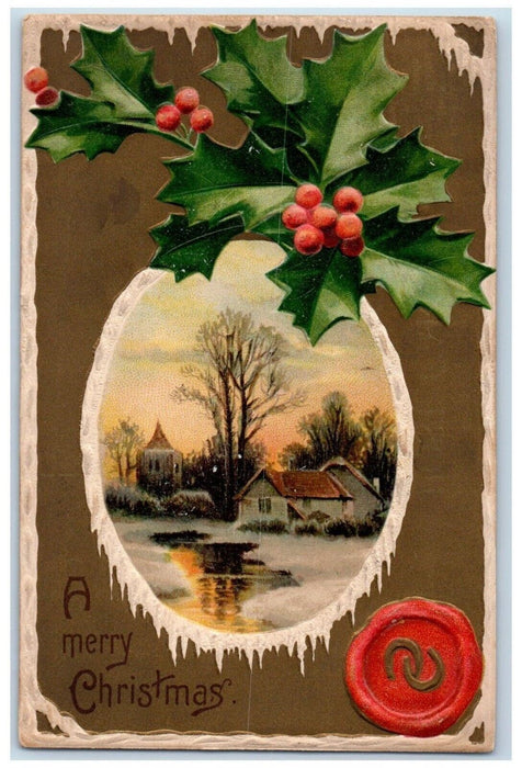 1909 Christmas Holly Horseshoe Winter Snow House Embossed Antique Postcard