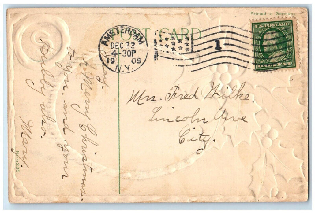 1909 Christmas Holly Horseshoe Winter Snow House Embossed Antique Postcard