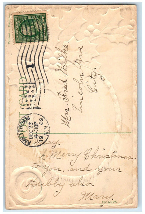 1909 Christmas Holly Horseshoe Winter Snow House Embossed Antique Postcard