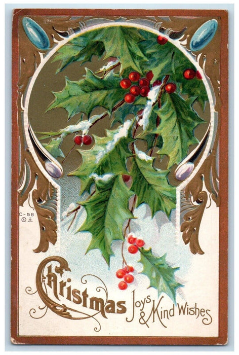 1913 Christmas Holly Berries Winter Snow Embossed Posted Antique Postcard