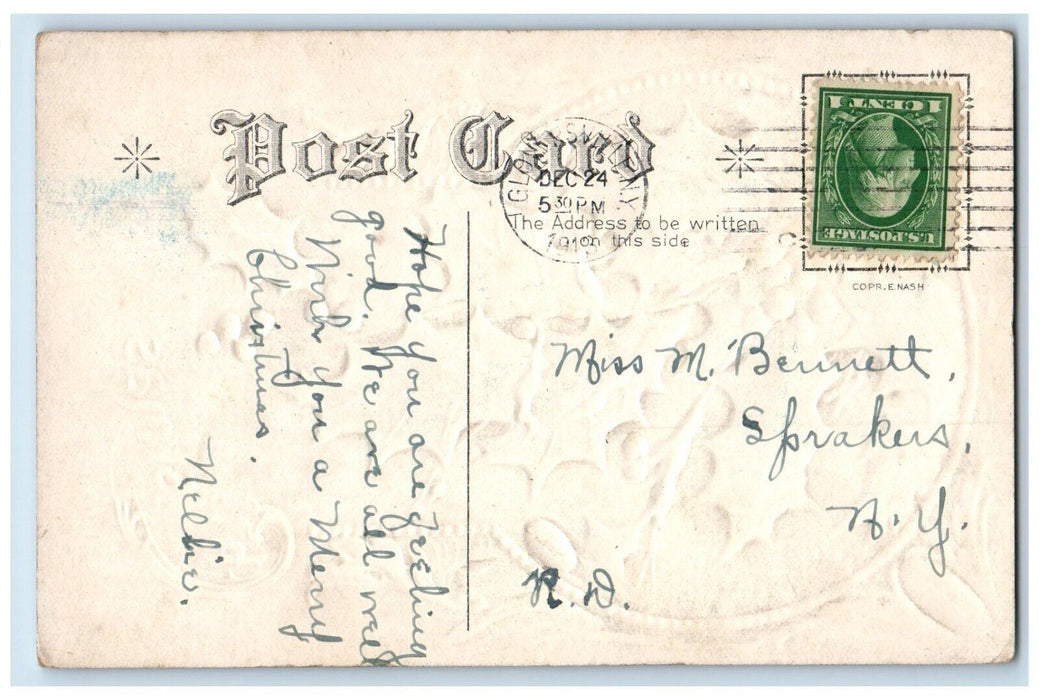 1913 Christmas Holly Berries Winter Snow Embossed Posted Antique Postcard