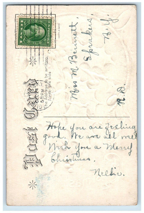1913 Christmas Holly Berries Winter Snow Embossed Posted Antique Postcard