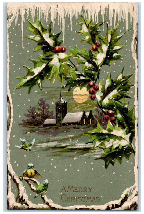 1908 Christmas Song Birds Holly Snow Moon View Church Embossed Antique Postcard