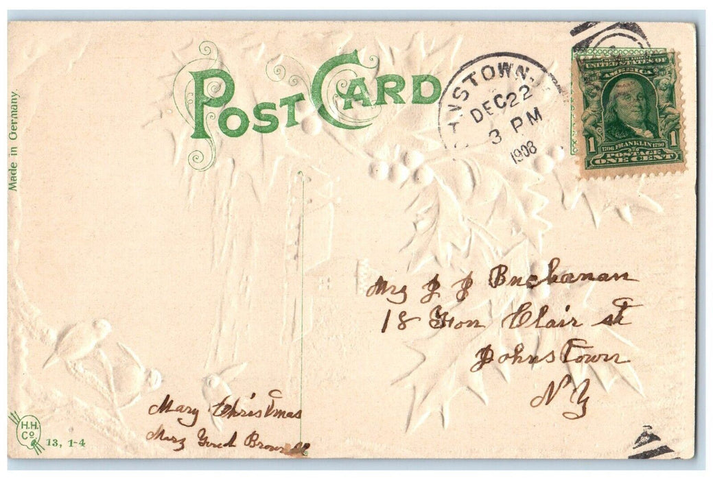 1908 Christmas Song Birds Holly Snow Moon View Church Embossed Antique Postcard
