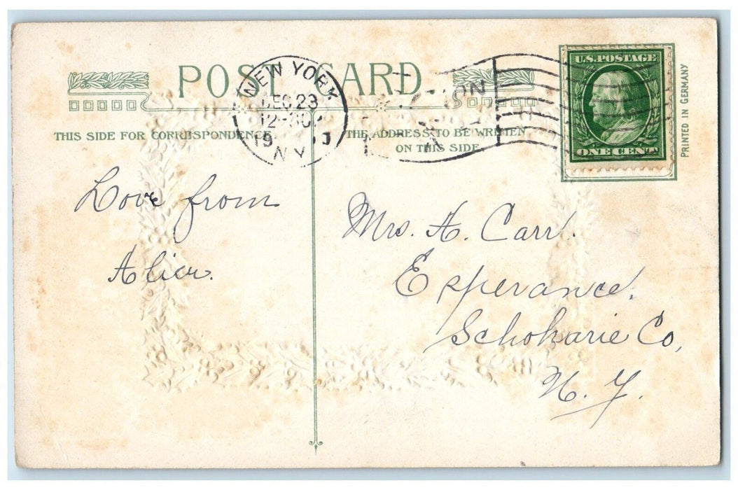 c1910's Christmas Holly Berries Winter Snow Winsch Back Embossed Posted Postcard