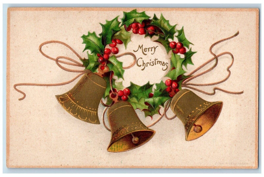c1910's Christmas Whreat Ribbon Ringing Bells Clapsaddle (?) Embossed Postcard
