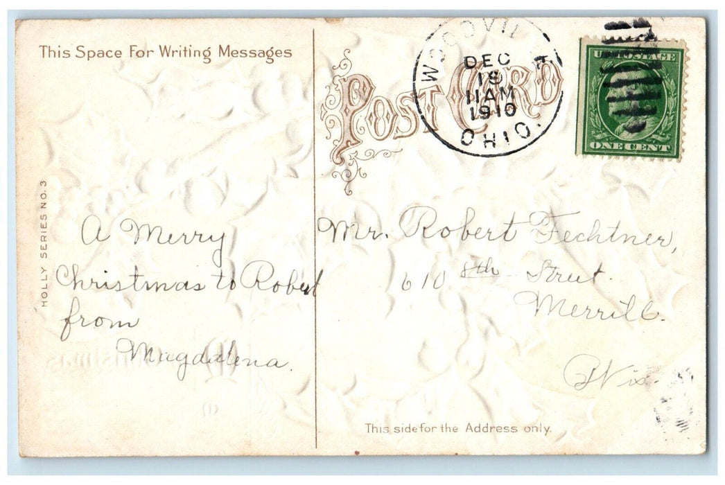 1910 Christmas Holly Berries Winter Snow Embossed Woodville Ohio OH Postcard