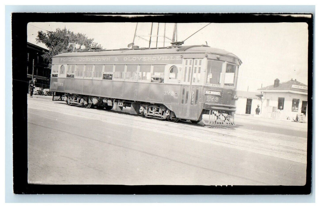 c1930s Fonda Johnstown Gloversville Trolley Streetcar Gas Station Photo Railroad