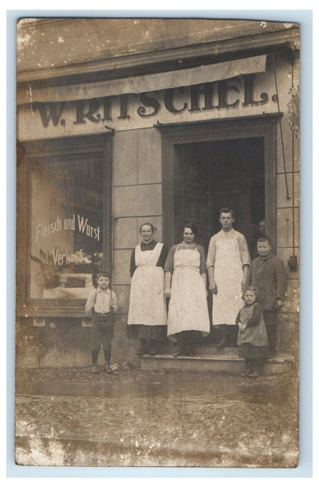 c1910 Ritschel Butcher Meat Sausage Store Family Germany RPPC Photo Postcard