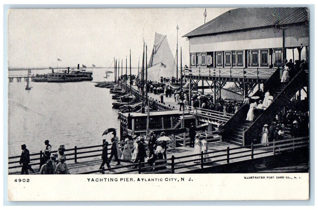 c1905 Crowd Scene Boat Steamer Yachting Pier Atlantic New Jersey NJ Postcard