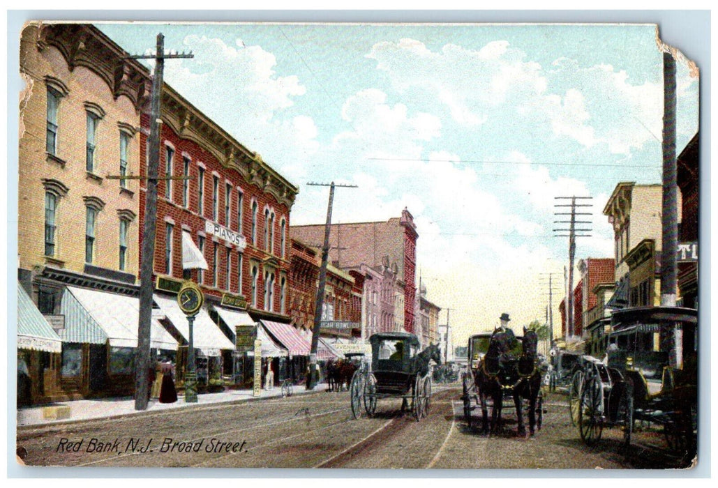 c1910 Horse Carriage Pianos Broad Street Red Bank New Jersey NJ Antique Postcard