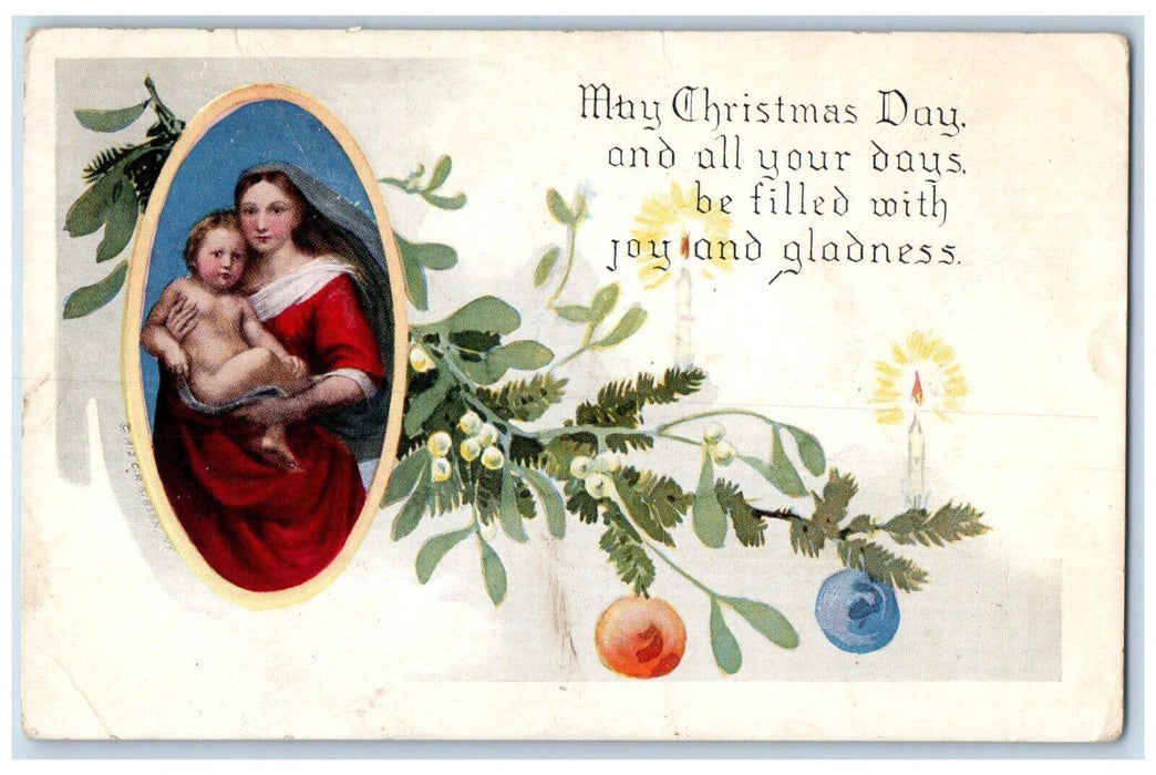 c1910's Christmas Pine Leaf Ball And Candles Holly Religious Antique Postcard
