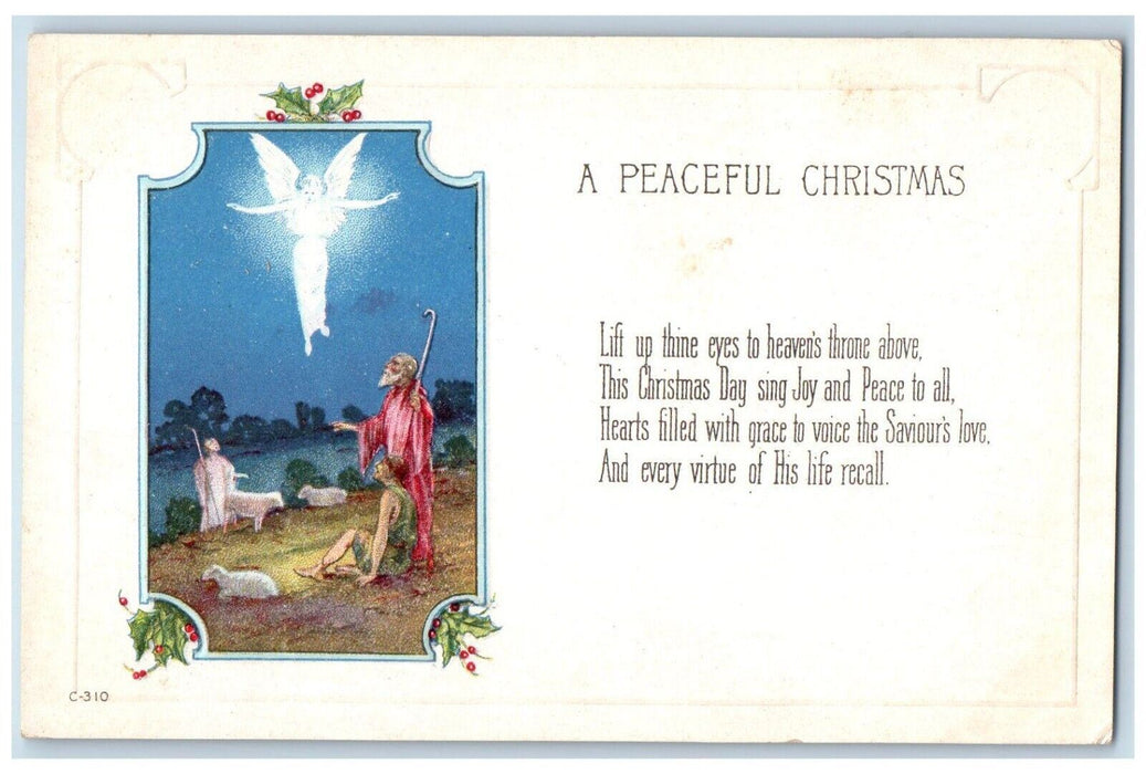 c1910's Christmas Floating Angel Lamb Holly Berries Embossed Antique Postcard