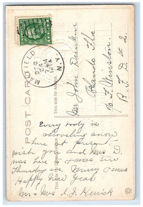 1914 Christmas Holly Whreat Pretty Girl Candle And Apple Embossed Postcard