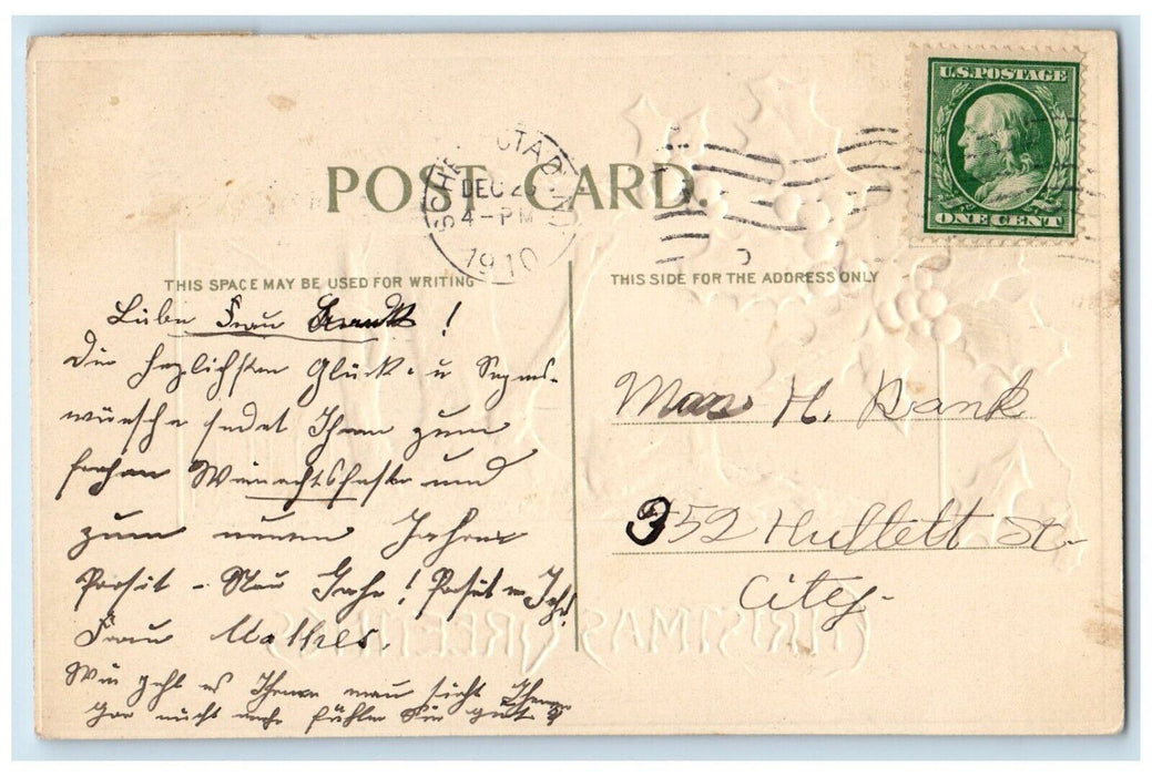 1910 Christmas Greetings Holly Berries Tree Winter Embossed Antique Postcard