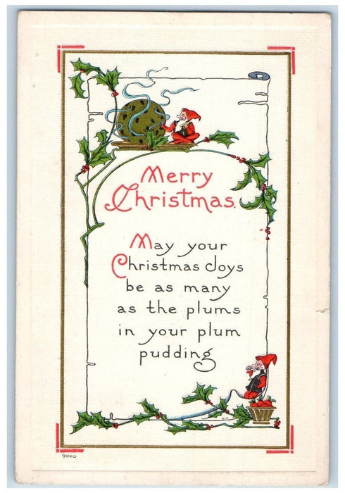 1914 Christmas Holy Berries Elves Plum Pudding Embossed Posted Antique Postcard