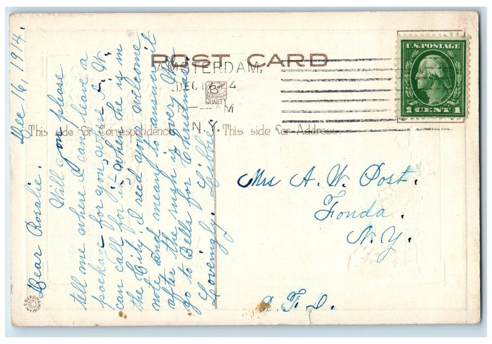 1914 Christmas Holy Berries Elves Plum Pudding Embossed Posted Antique Postcard