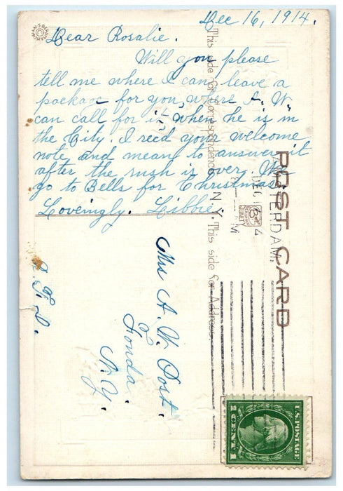 1914 Christmas Holy Berries Elves Plum Pudding Embossed Posted Antique Postcard