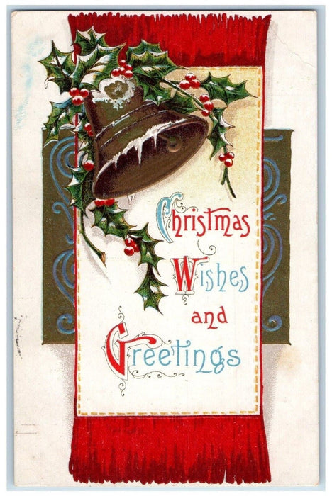 1917 Christmas Holly Bells Snow Embossed Chadwick Illinois IL Antique Postcard