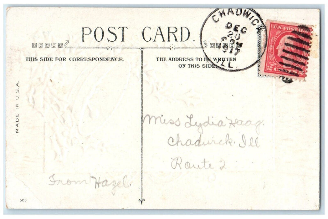 1917 Christmas Holly Bells Snow Embossed Chadwick Illinois IL Antique Postcard