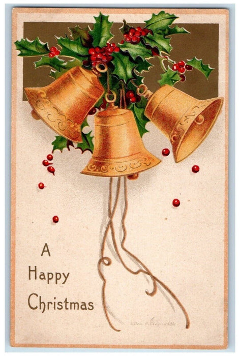 c1910's Christmas Three Gold Bells Holly Berries Clapsaddle (? ) Postcard