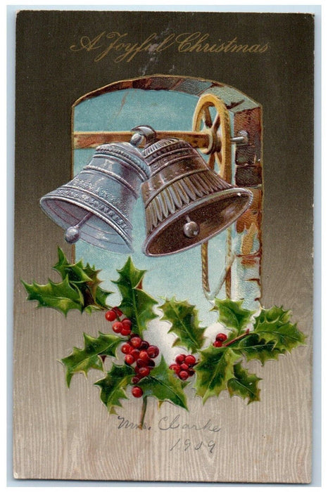 1909 Christmas Holly Berries Bells Winsch Back Embossed Posted Antique Postcard