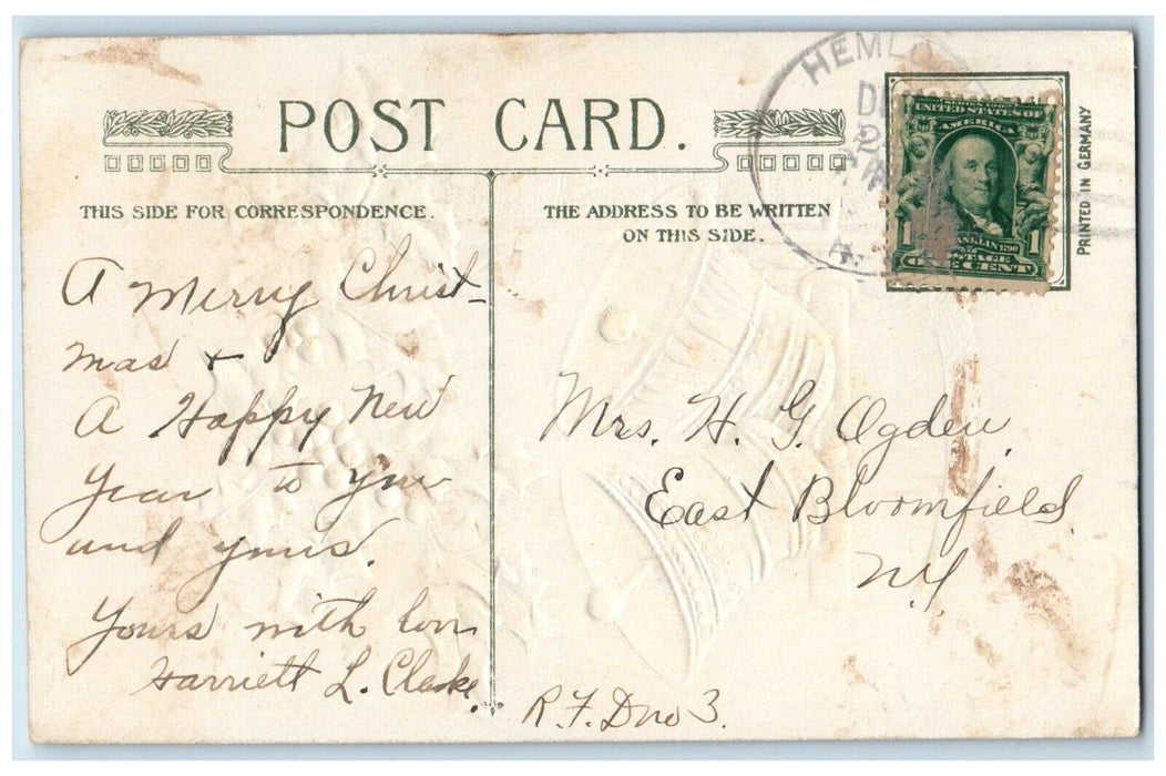 1909 Christmas Holly Berries Bells Winsch Back Embossed Posted Antique Postcard