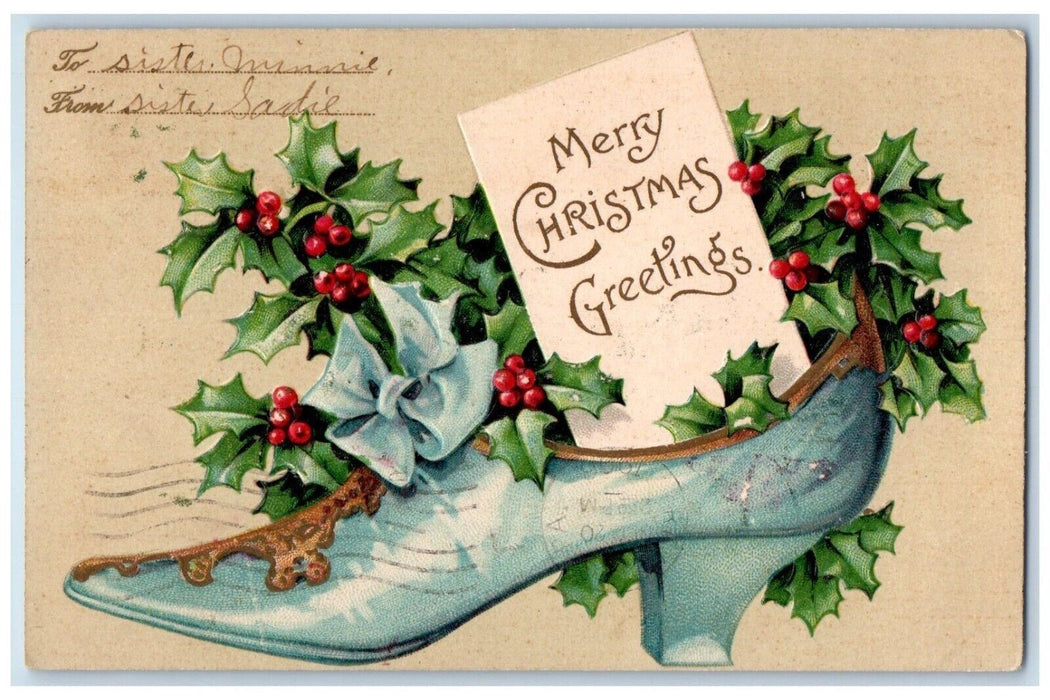 1906 Christmas Greetings Holly Berries Heels Clapsaddle (?) Embossed Postcard