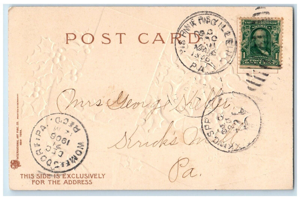 1906 Christmas Greetings Holly Berries Heels Clapsaddle (?) Embossed Postcard