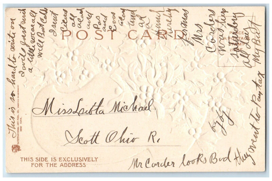 1908 Christmas Greetings Dutch Shoes Holly Clapsaddle (?) Embossed Postcard