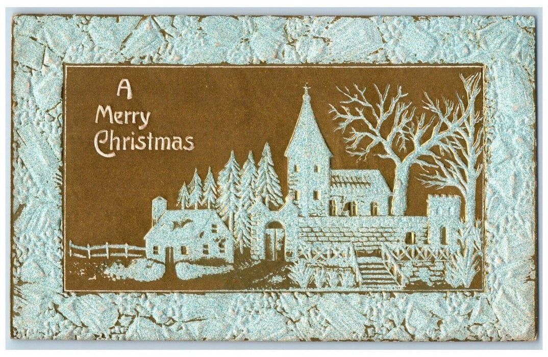 c1910's Christmas House Church Pine Trees Embossed Posted Antique Postcard