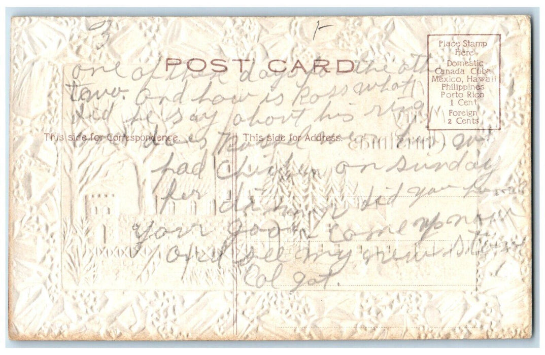 c1910's Christmas House Church Pine Trees Embossed Posted Antique Postcard