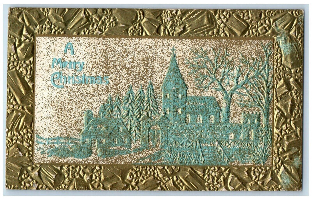 c1910's Christmas House Church Pine Trees View Embossed Posted Antique Postcard