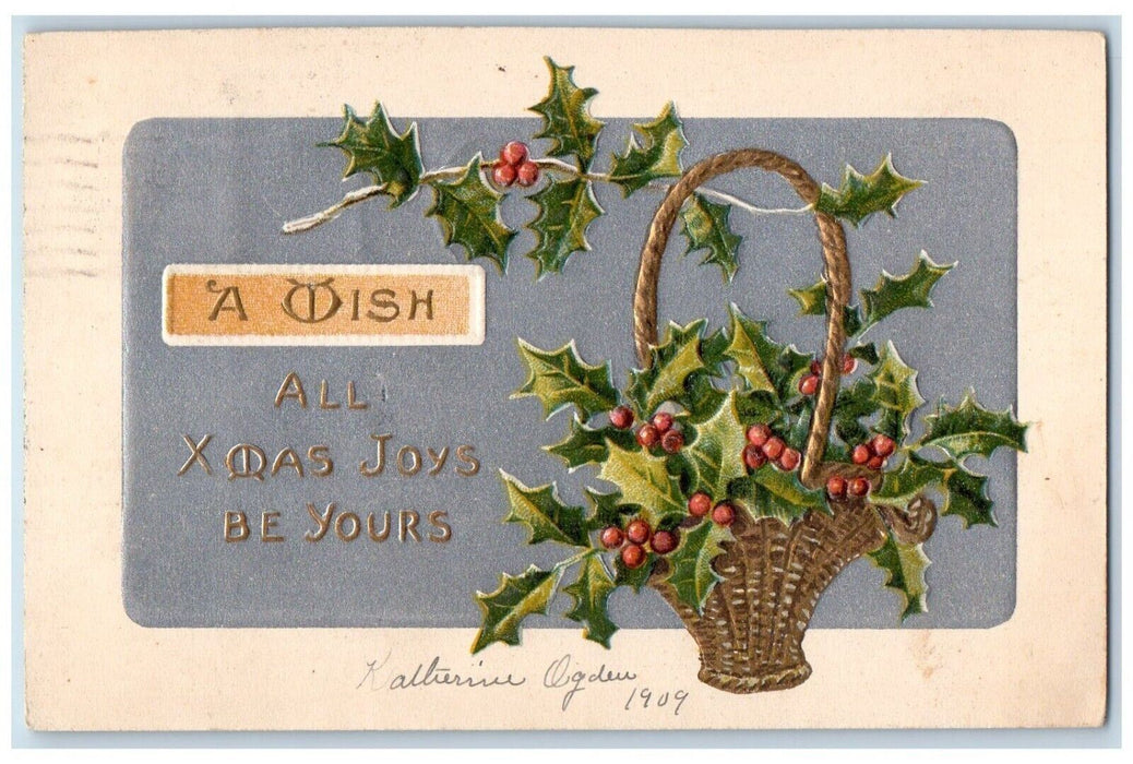 1909 Christmas Holly Berries In A Basket Embossed Albion New York NY Postcard