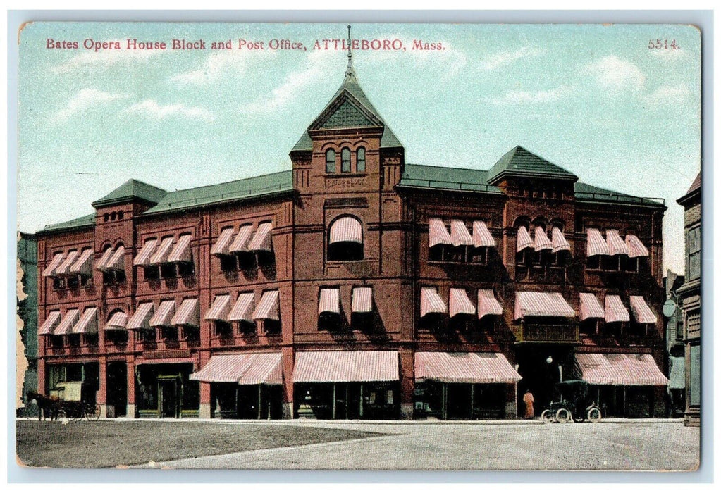 c1910 Bates Opera House Block Post Office Attleboro Massachusetts Mass Postcard