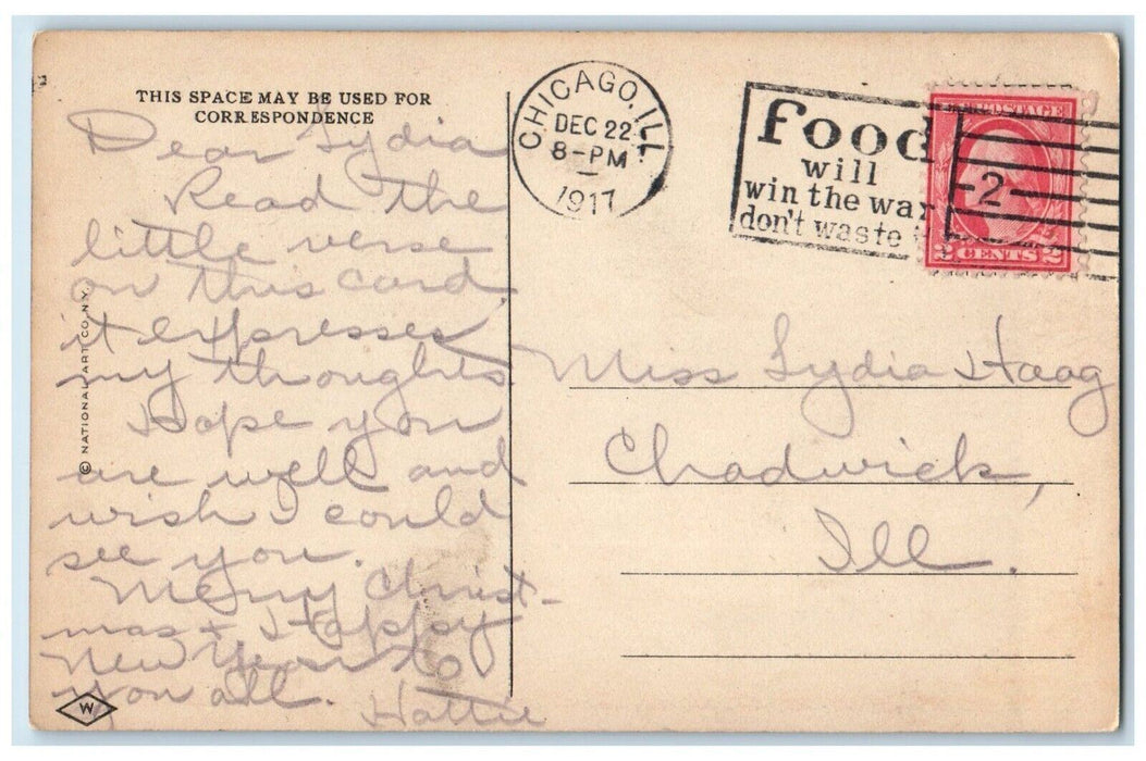 1917 Christmas Boy Girl Ice Skating Holly Berries Windmill Chicago IL Postcard