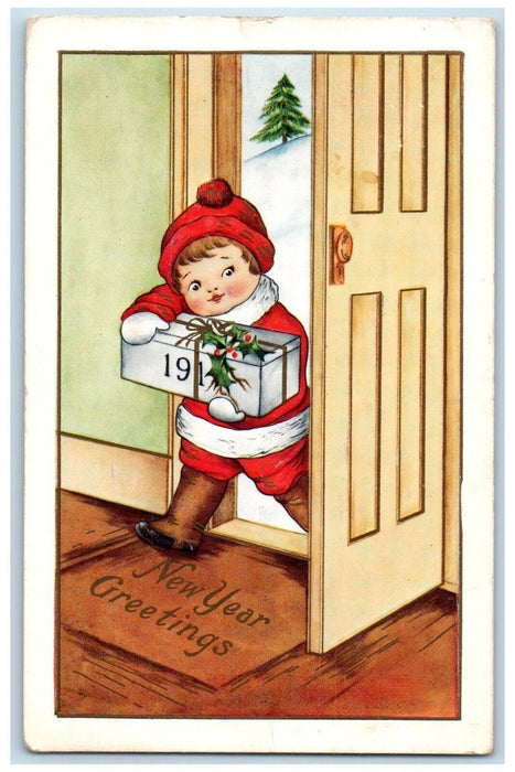 1915 New Year Greetings Little Girl Holding Gift Present Embossed Postcard