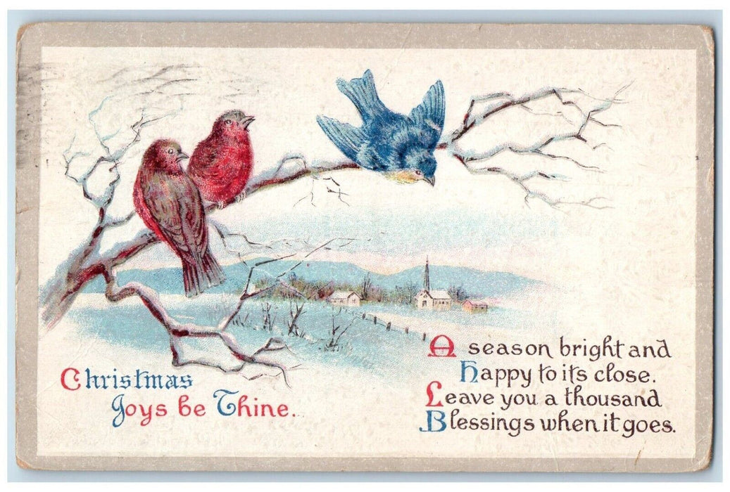 1917 Christmas Song Birds Winter Snow House Church Embossed Antique Postcard