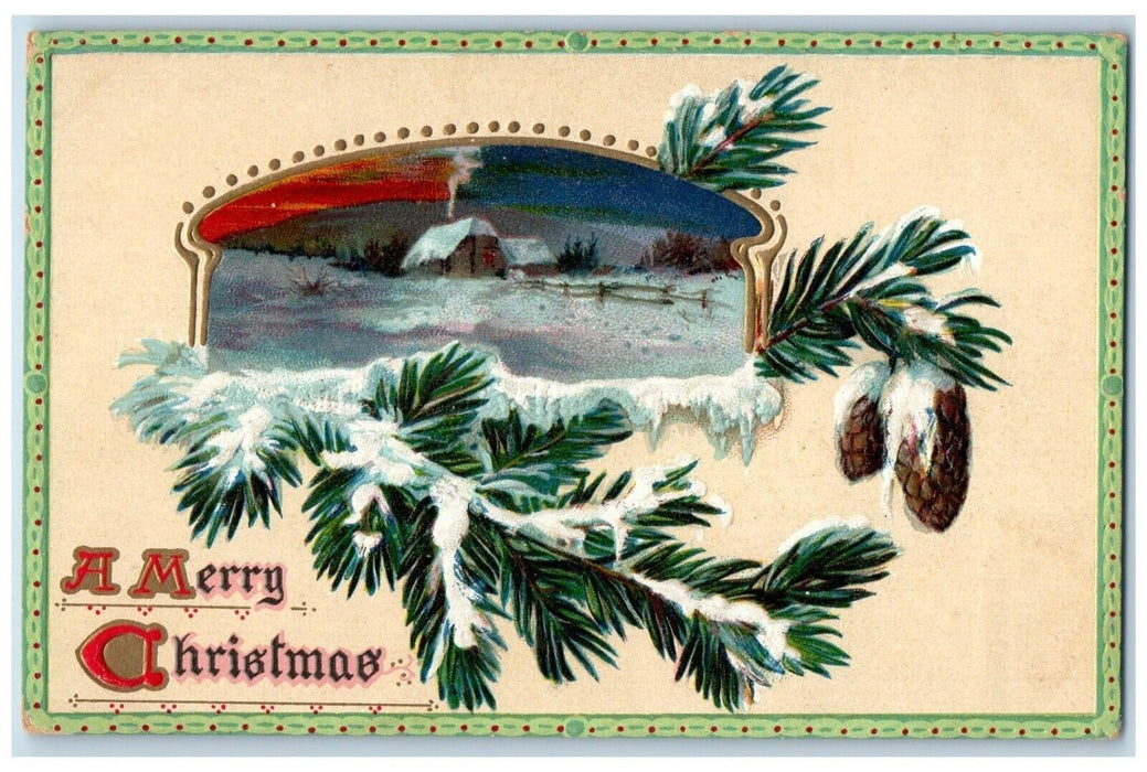 c1910's Christmas Pine Cone Chimney House Winter Snow Tuck's Antique Postcard