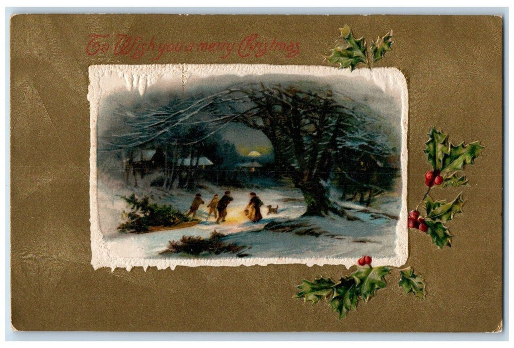 c1910's Christmas Family Pulling Pine Tree Dog Winter Winsch Back Postcard