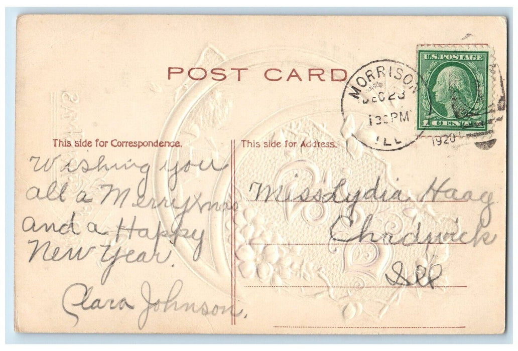 1920 Christmas Dec. 25 Silver Crescent Holly Flowers Windmill Antique Postcard